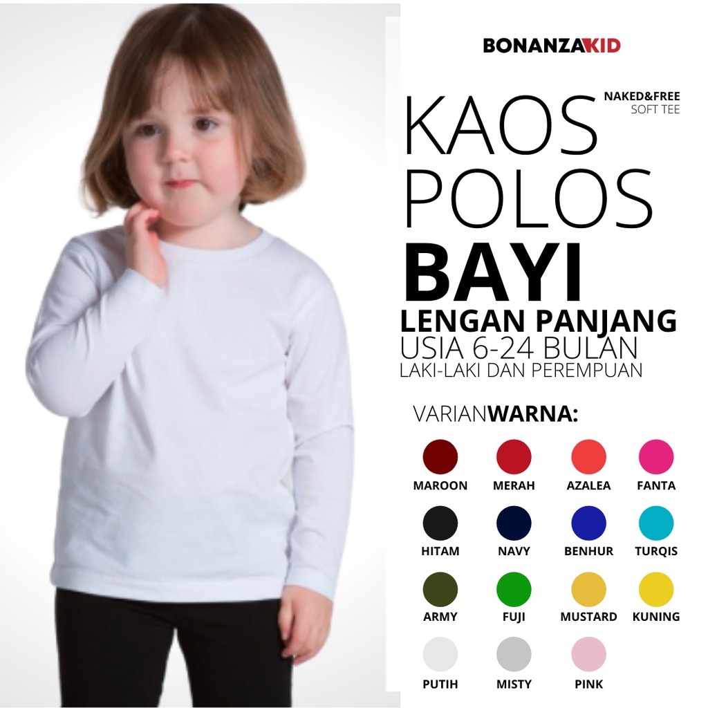 Kaos Polos Bayi Lengan Panjang Usia 6 - 24 Bulan Bahan Katun Combed 30s Lembut