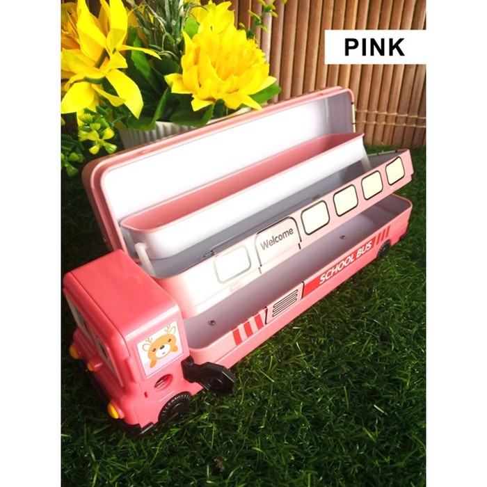 

NEW STOCK KOTAK PENSIL / TEMPAT PENSIL KALENG BUS 3 TINGKAT + RAUTAN