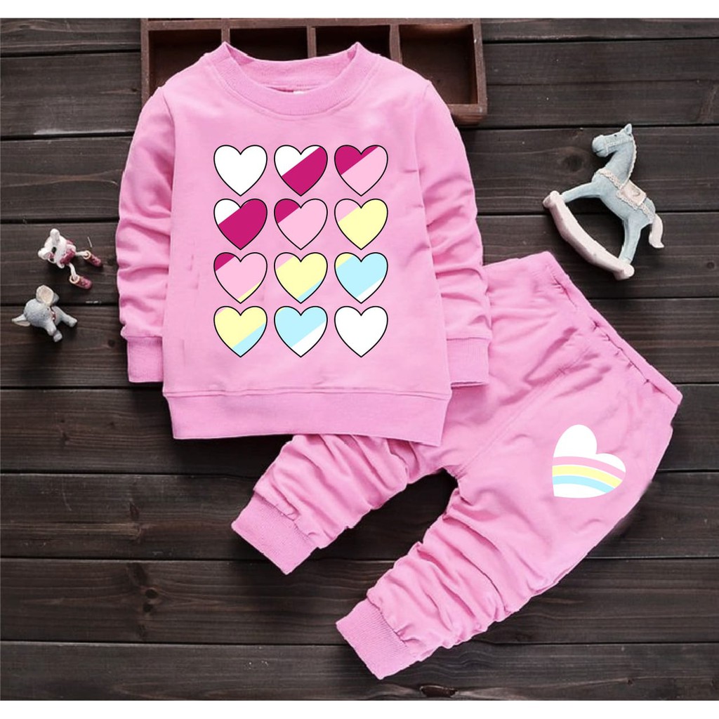 TokoMilkan - Setelan Anak Peremouan COLOR FULL LOVE Setelan Anak Bahan Flecee | Setelan Anak Cewek Umur 1 - 6 Tahun