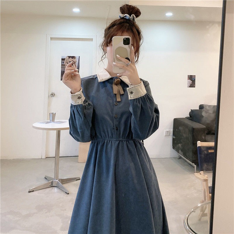 dress korea style/ Casual dres wanita retro rok a-line mid-length lengan panjang kerah POLO/baju wanita/ baju kore/ pakaian korea