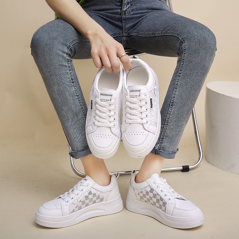 【CUCI GUDANG】 Sepatu Sneakers Wanita putih mesh Kasual Pola bernapas size 35-40 +Tinggi tumit 3,5 cm