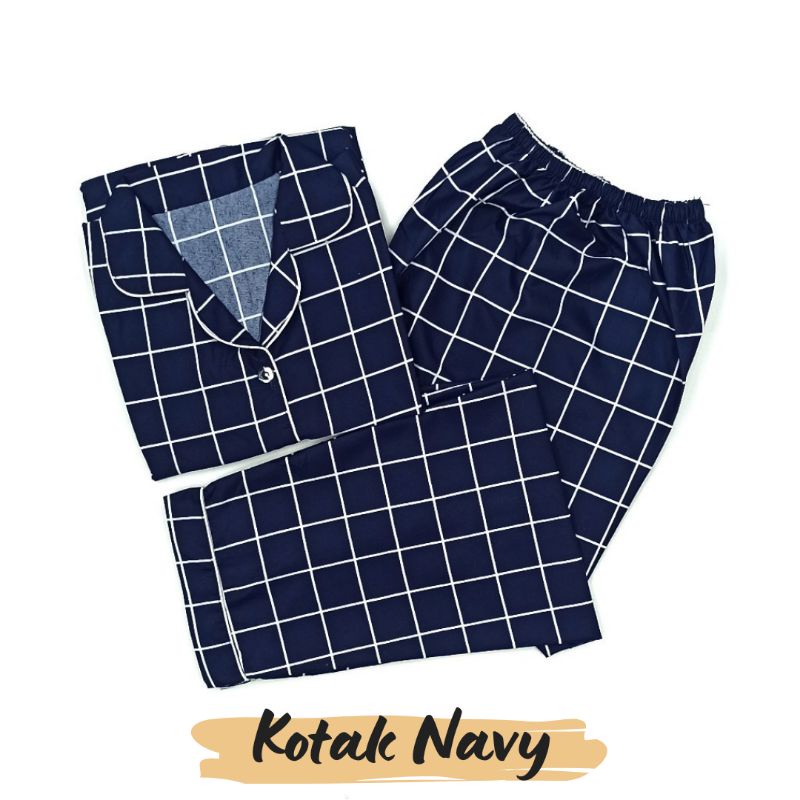 Baju Tidur Wanita | Piyama Wanita Kekinian | Oneset Setelan Wanita Bahan Katun Polymicro Bebas Pilih Motif-Kotak Navy