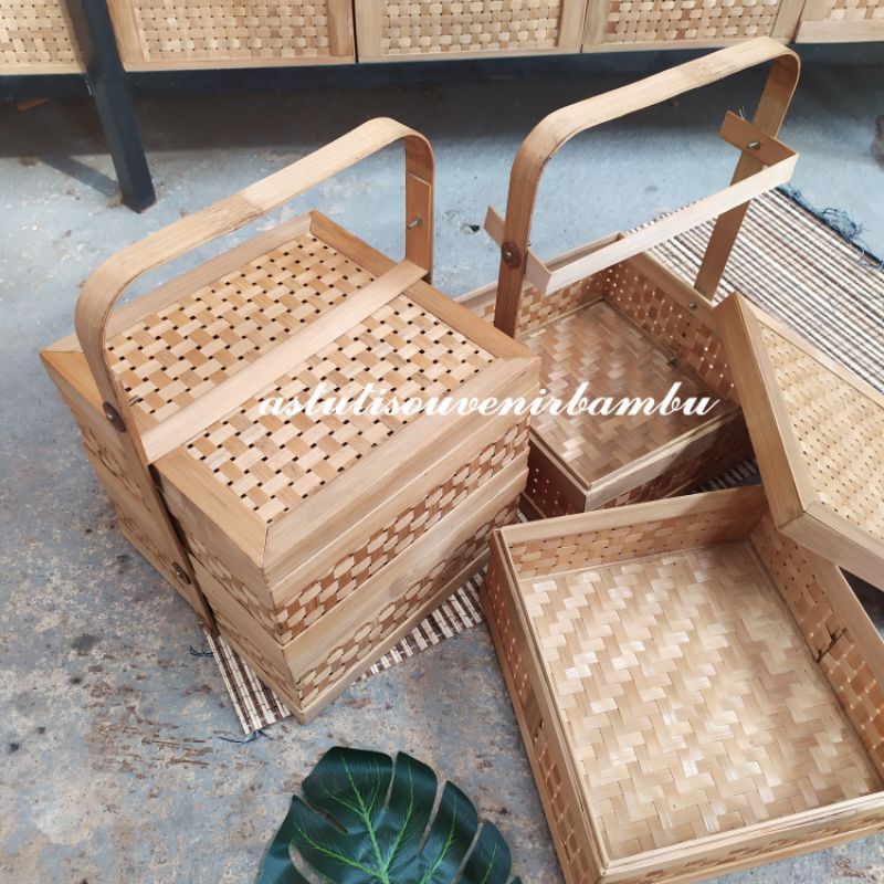 RANTANG KOTAK 2 SUSUN  25 X 25 CM / rantang bambu rantang makan kerajinan bambu hantaran bingkisan