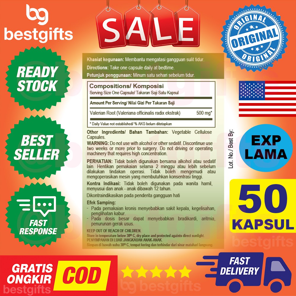 GNC HERBAL PLUS FINGERPRINTED VALERIAN ROOT VITAMIN SUSAH TIDUR NYENYAK STRESS KECEMASAN 50 KAPSUL