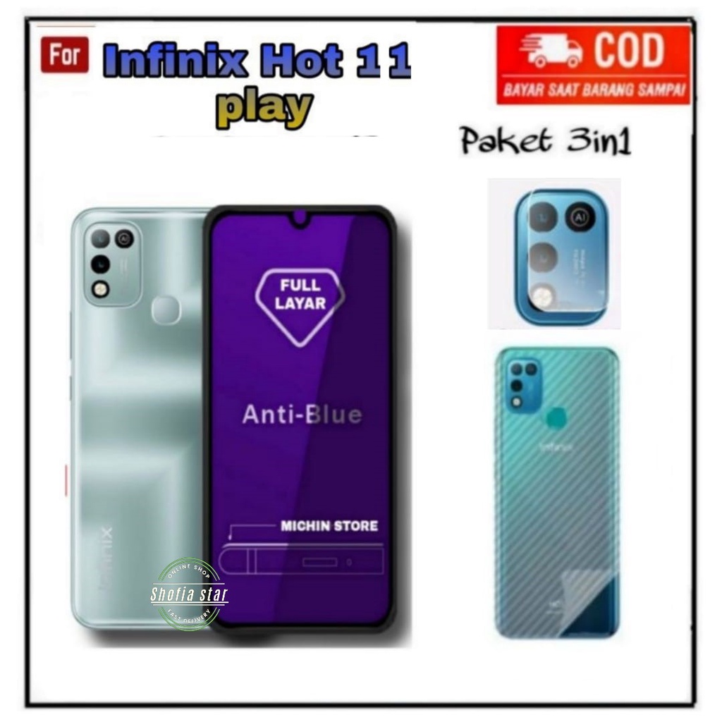 PAKET 3IN1 TEMPERED GLASS BLUE LIGHT INFINIX HOT 11 PLAY TG LAYAR ANTI RADIASI KACA FULL COVER