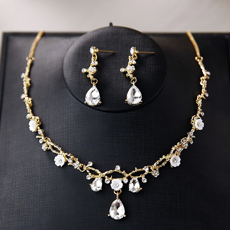 Golden Branches and Crystal Flower Necklace Earring Set Bridal Jewelry