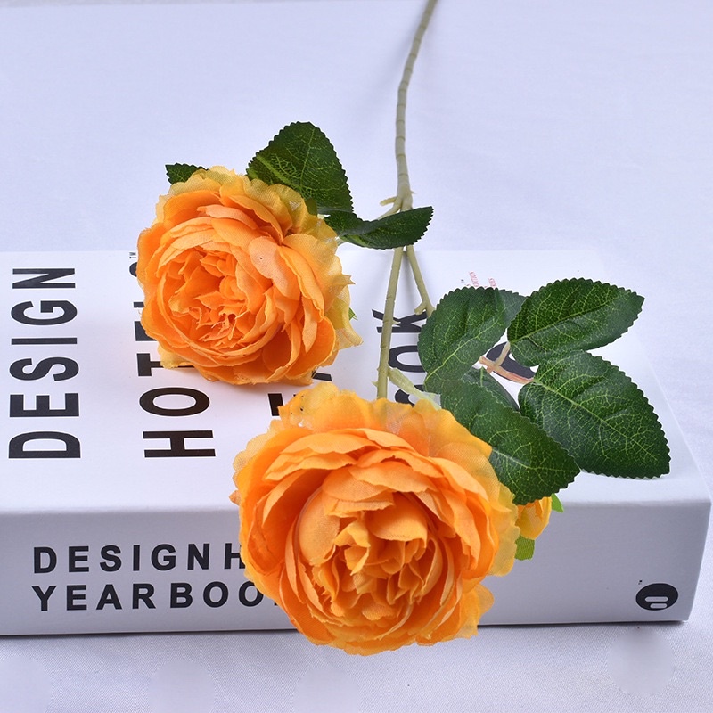 PEONY ARTIFICIAL BUNGA PEONY ARTIFISIAL ECER PER TANGKAI 3 CABANG BUNGA PALSU IMPORT PREMIUM-Orange