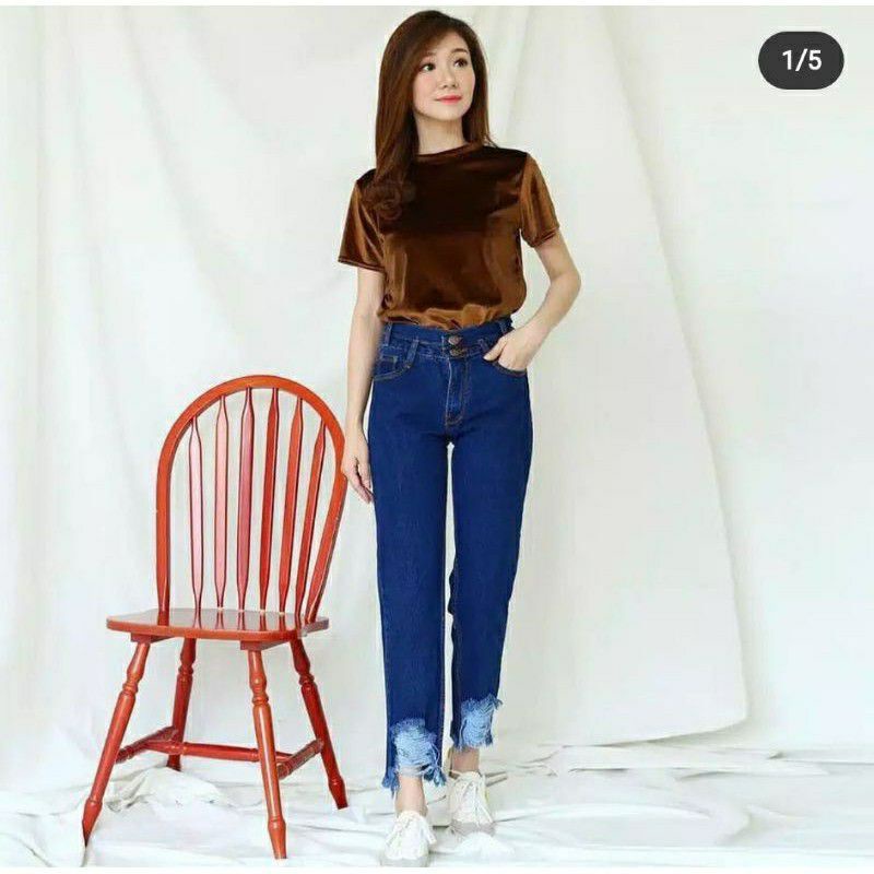 Boyfriend Jeans Wanita Sobek Bawah UNFINISH  // JEANS SOBEK RAWIS