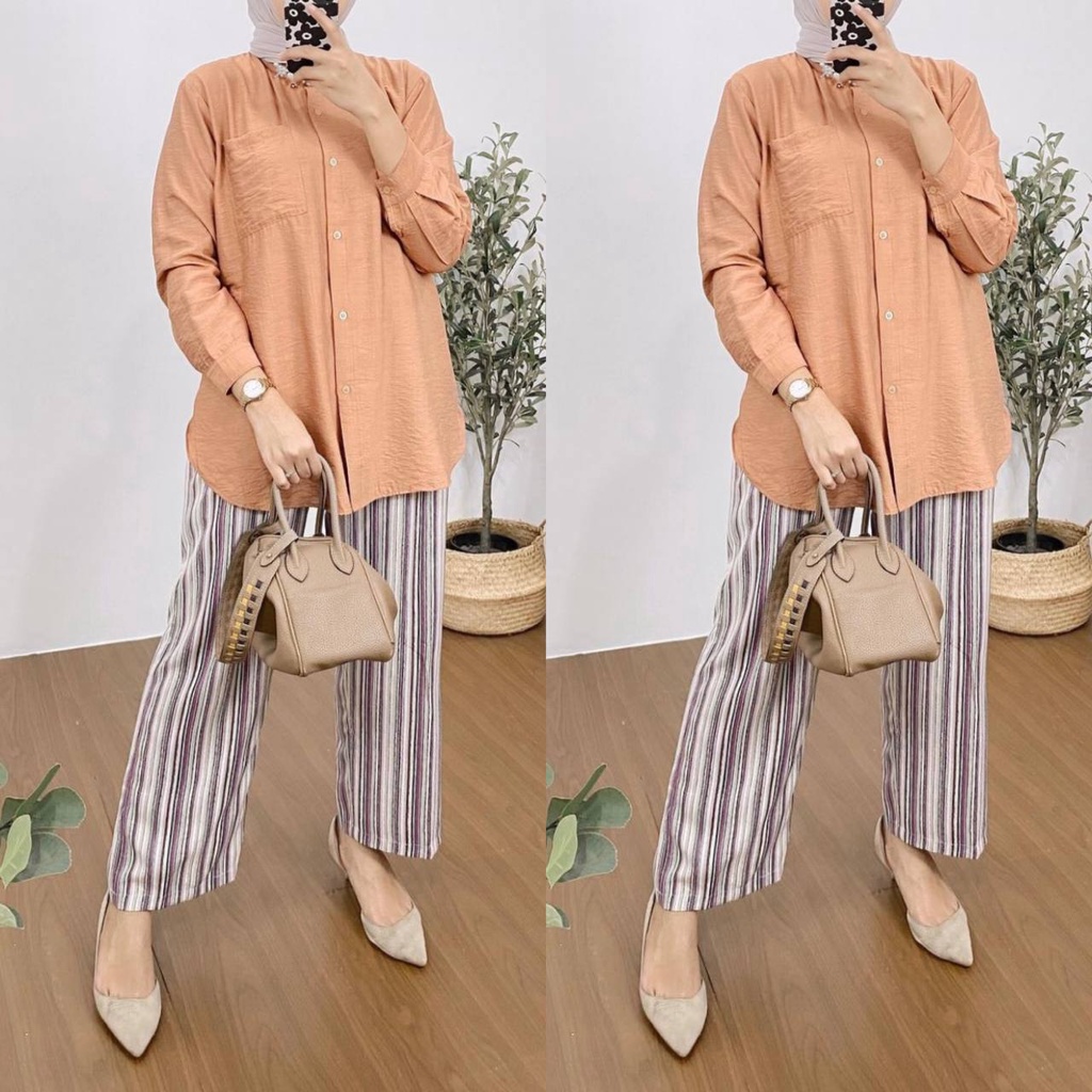Noorin Set - One Set Wanita Kemeja Import Crinkle Airflow Setelan Wanita Celana Kulot Lengan Panjang LD 110 cm