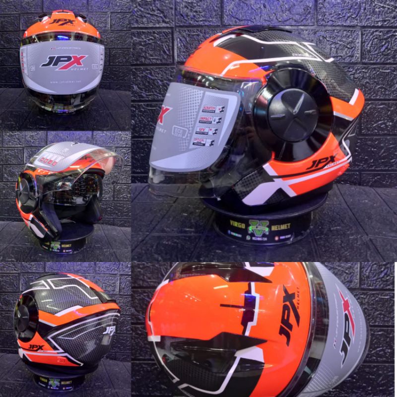 HELM JPX X735R ARAGON#2 FLUO RED GLOSSY DOUBLE VISOR SNI DOT (Ongkir termurah 2 kg)