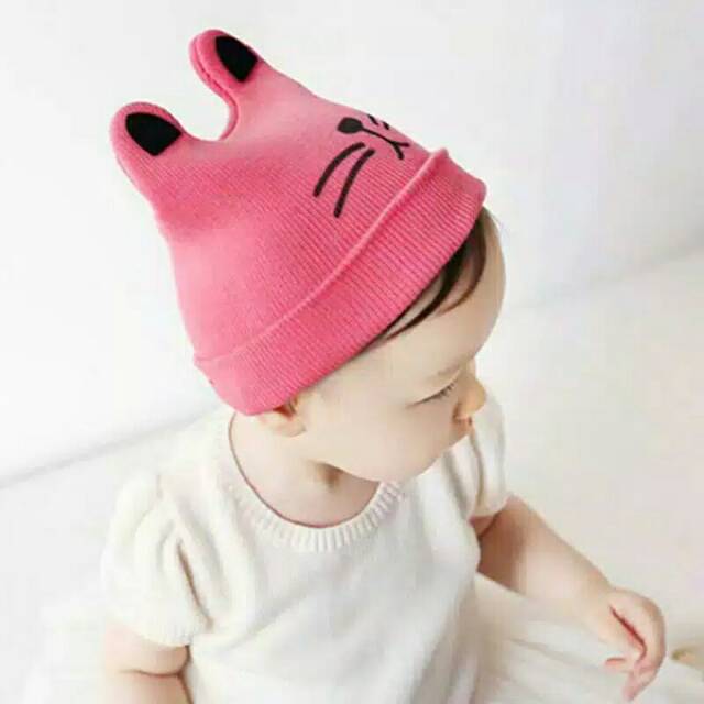 Topi kupluk bayi cat topi  bayi kucing topu rajut bayi