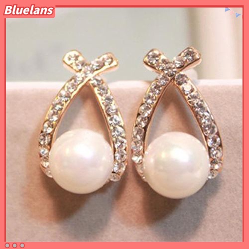 Bluelans Anting Tusuk Wanita Desain Salib Hias Mutiara + Berlian Imitasi Untuk Pernikahan / Hadiah