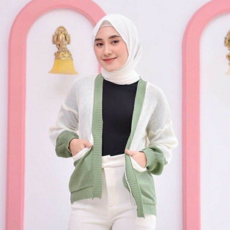 MANDA OUTER BAJU CARDY 2 TONE CARDIGAN Pakaian Rajut Wanita Atasan Rajut Wanita Fashion Rajut Wanita