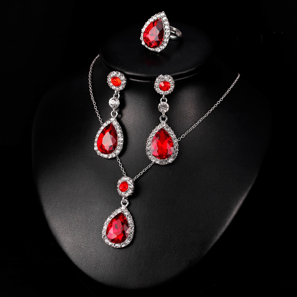 OW@ Women Fashion Rhinestones Inlaid Waterdrop Necklace Ring Earrings Jewelry Set