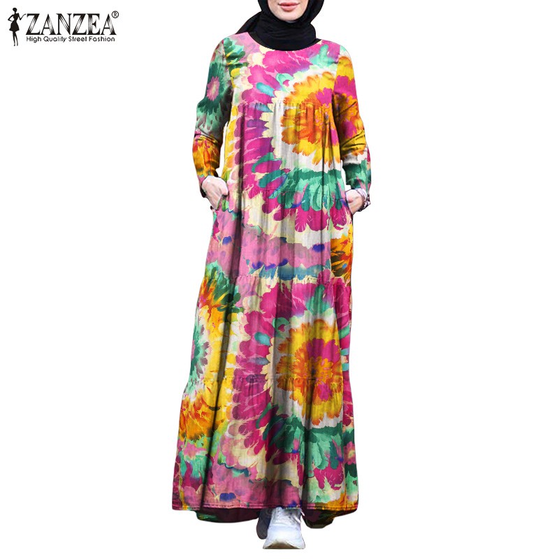 ZANZEA Women Long Sleeve Back Zipper Multi-Color Muslim Long Dress