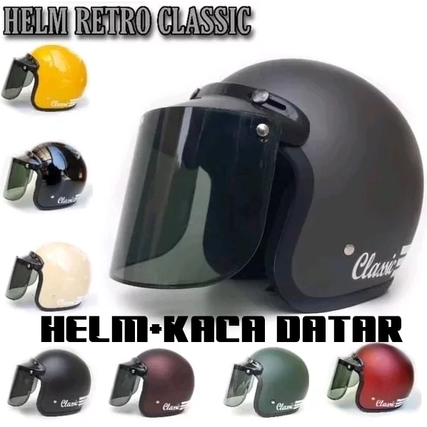 HELM BOGO DEWASA CLASIC GARIS DEWASA POLOS GARIS KACA FLAT DATAR DAN KACA CEMBUNG-1