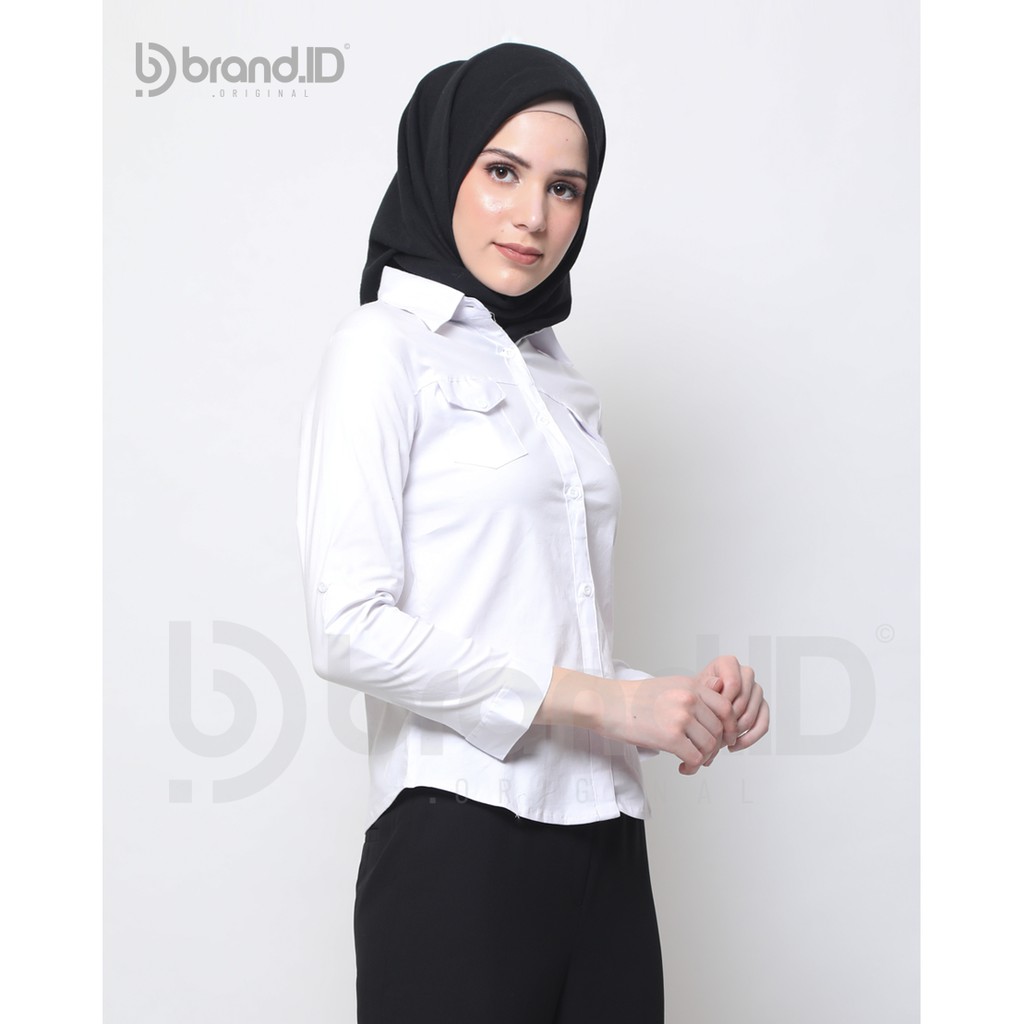 Kemeja Putih Polos Kantong Wanita Baju Kantor Cewek Formal Atasan Kerja Cewe Bahan Katun