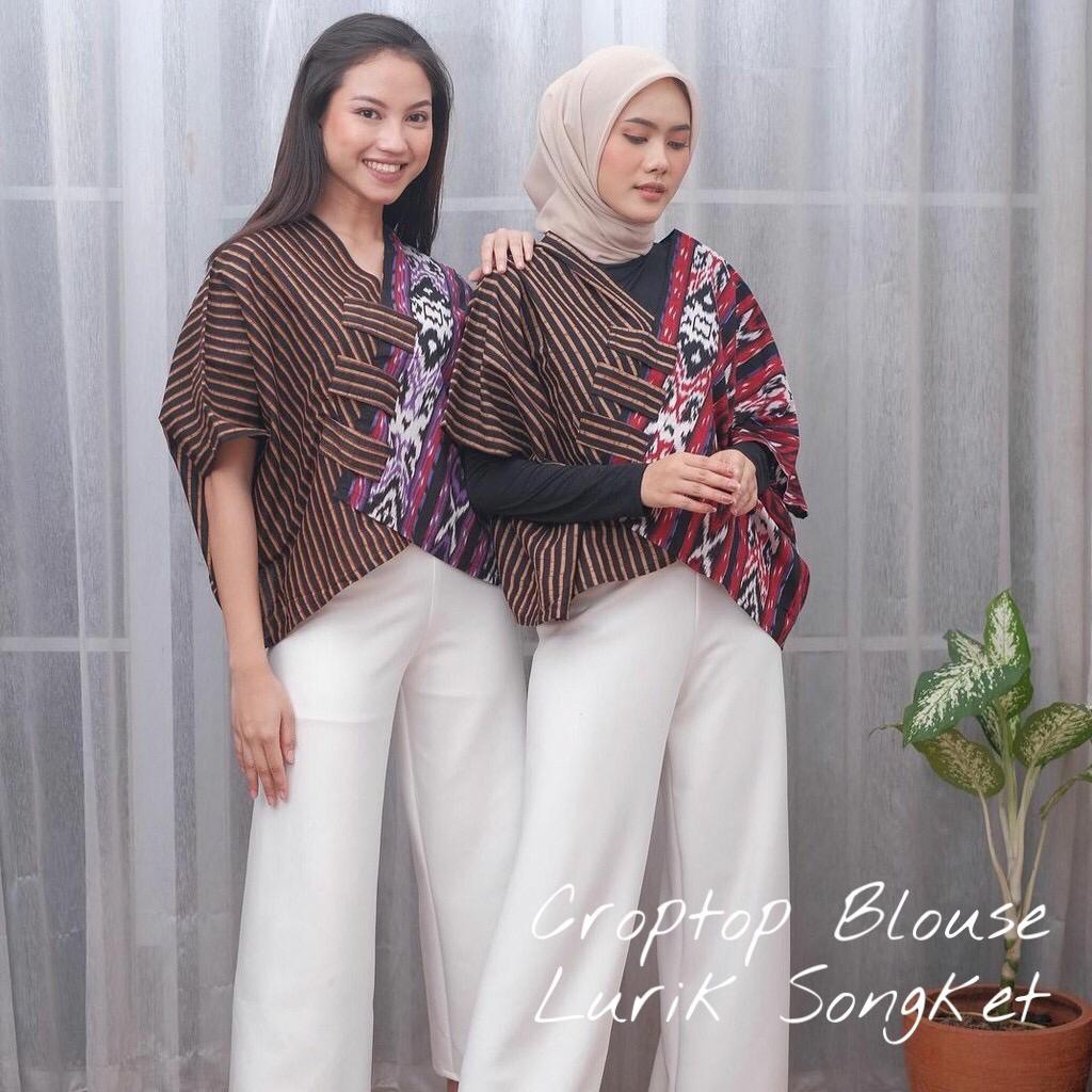 Crop Top Lurik COKLAT TENUN SONGKET Batik Modern Atasan Kerja Croptop Songket Tenun Troso Blus Wanita