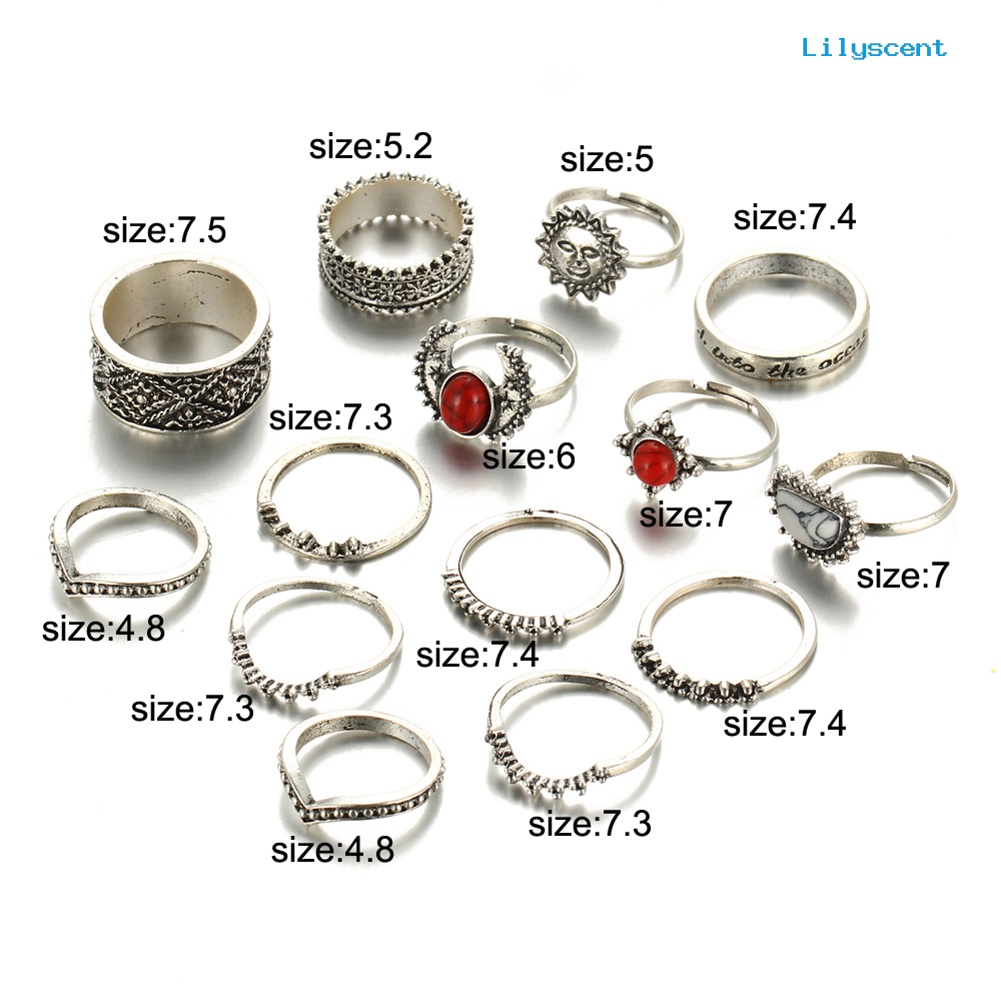 14pcs / Set Cincin Knuckle Midi Gaya Punk Vintage Warna Merah Turquoise Untuk Wanita