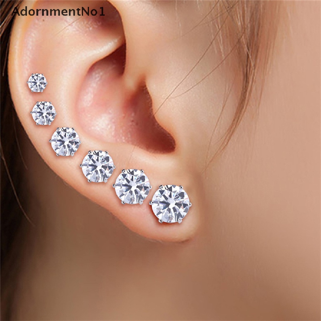 (AdornmentNo1) 6 Pasang Anting Tusuk Bulat Bahan Stainless Steel Hias Cubic Zirconia 3mm - 8mm Untuk Wanita