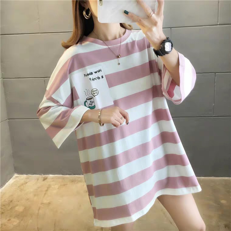 Oversize Tee Tshirt Model Longgar Untuk Wanita Motif Belang Kopi