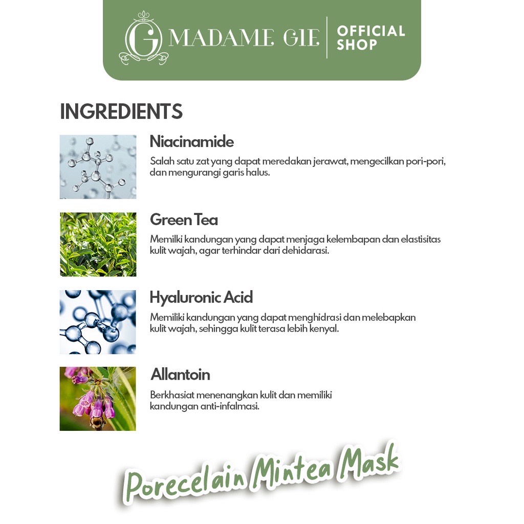 MADAME GIE Porecelain Mintea Mask Indonesia / Masker Wajah / Pore Acne 50gr / Glass Soothe Subtle Clarify Skin Jelly / Peel Off Sheet / Skincare Face Care Facial Wash Toner Essence Serum Cream Eye Sunscreen Moisturizer / Body Lotion / Cosmetic Lip / Paket