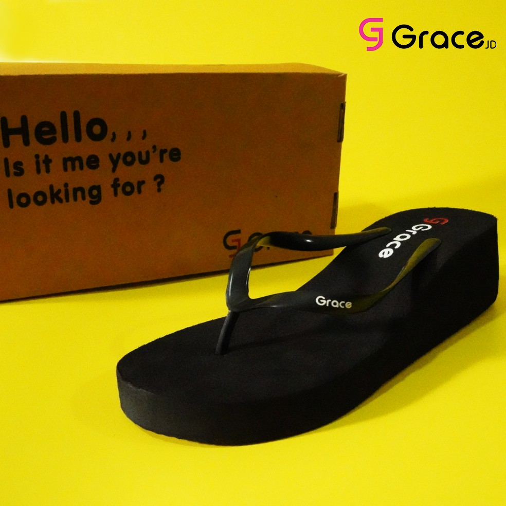 Grace(Black Rose)/sandal hak spon hitam dengan japit polos/Sandal jepit wedges simple wanita helen-2
