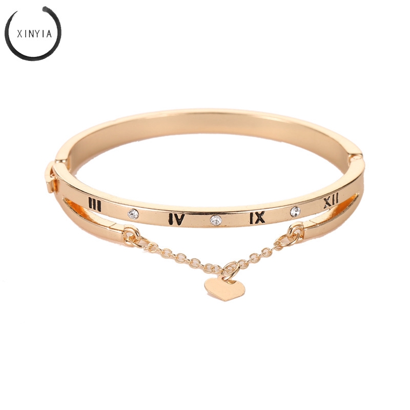 Luxury Gelang Stainless Steel Bracelets Bangles Female Heart Bracelet Rumbai Dengan Angka Romawi