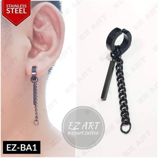 1Pc Model EZ-BA Black Hitam Anting Pria Wanita Jepit Tusuk Variasi Bandul