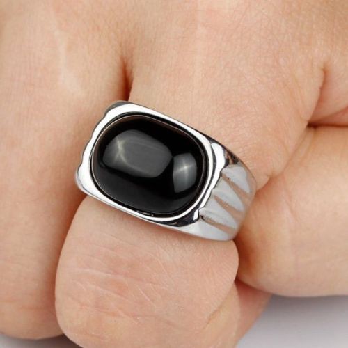 Cincin Pria Stainless Steel Batu Akik Hitam Oval
