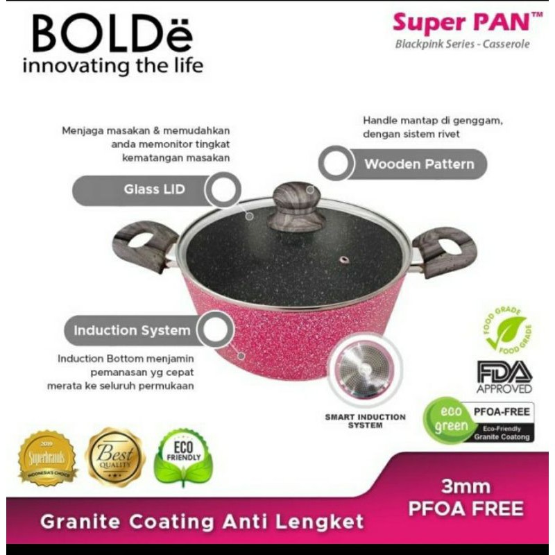 Super PAN POT 24Cm Bolde BLACK PINK Casserole with Glass Lid