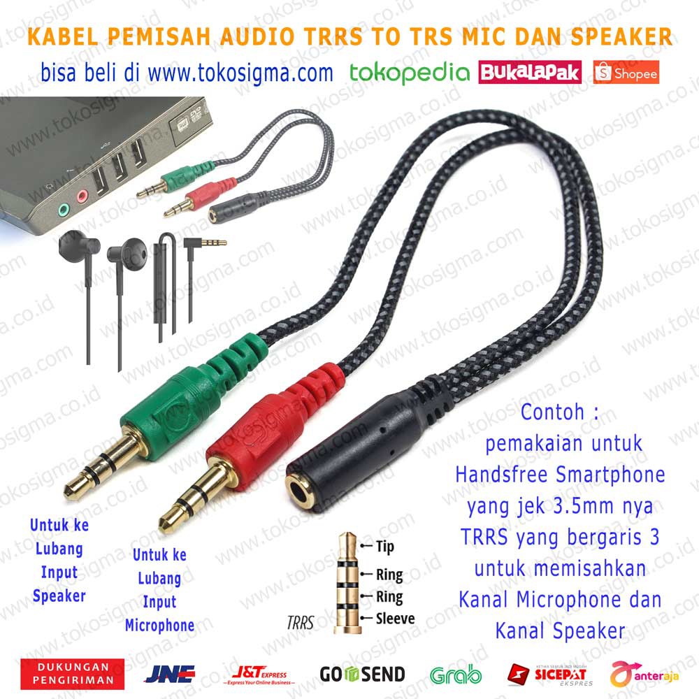 KABEL PEMISAH AUDIO 3.5mm TRRS F TO 2X TRS MIC dan SPEAKER STEREO MALE