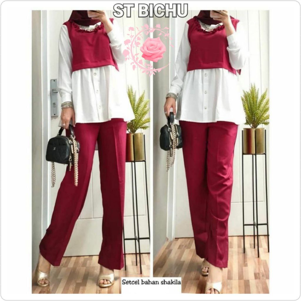 SETELAN BICHU FASHION WANITA / SET PAKAIAN PESTA MUSLIM /ATASAN DAN CELANA / LENGAN PAJNANG