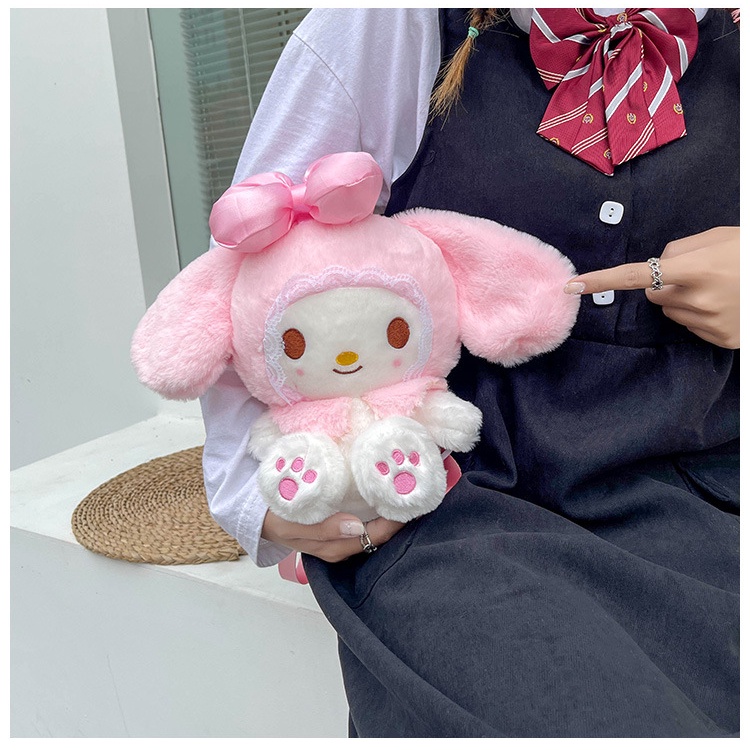 Ransel BULU Mainan Mewah Anime Sanrioed Kartun My Melody Kawaii Lucu Lolita Boneka Plushie Tas Penyimpanan Boneka Lembut Hadiah Ulang Tahun Anak Perempuan
