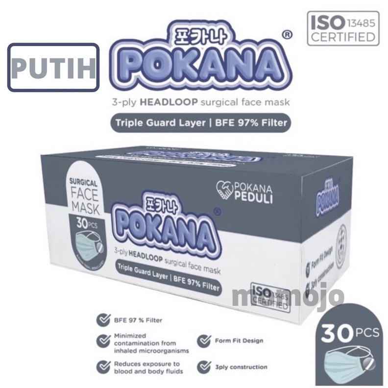 Masker POKANA 3-ply HEADLOOP Surgical Face Mask Kemasan Box isi 30 pcs Warna PUTIH