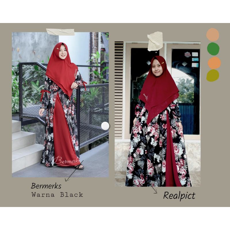 Alana Mawar Set Syari Ori By Bermerks Gamis Set Khimar, Gamis Ceruty Wanita