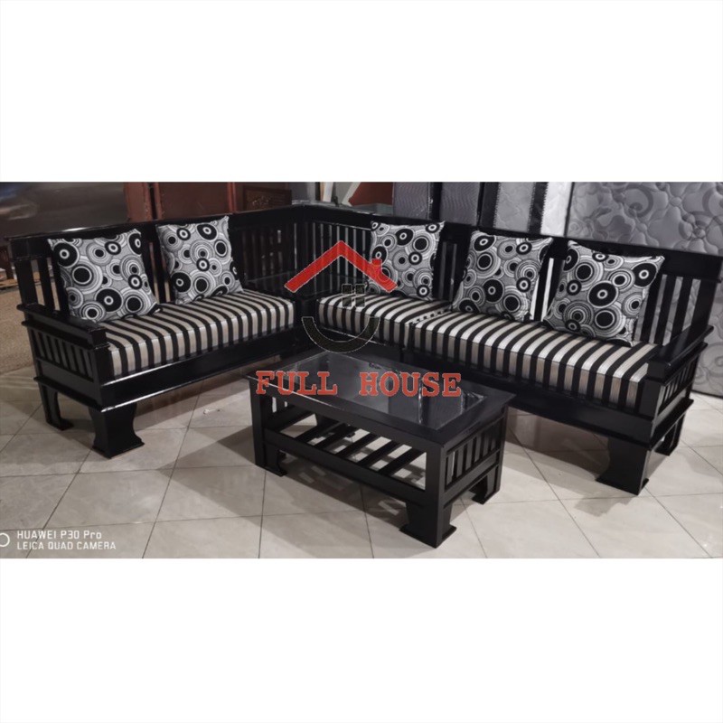 set sofa kursi jati L dengan meja dan dudukan spon minimalis mewah garis