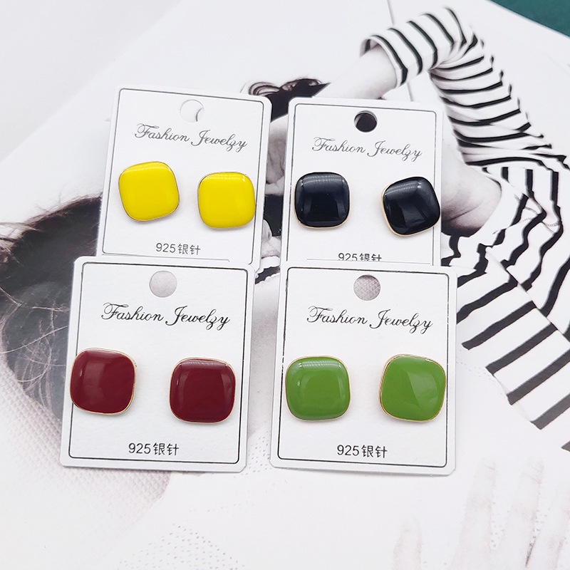Anting Persegi Warna Retro Elegan S925 Jarum Perak Akrilik Warna Solid Anting-anting Wanita-4