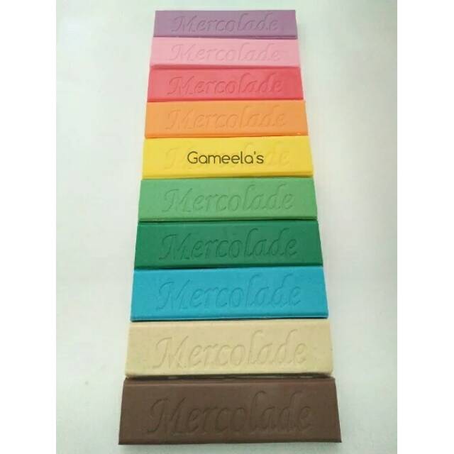 

Gameela Coklat Blok Mercolade Rainbow Repack 1 Batang Halal Kompon Pelangi Aneka Warna Aroma Rasa