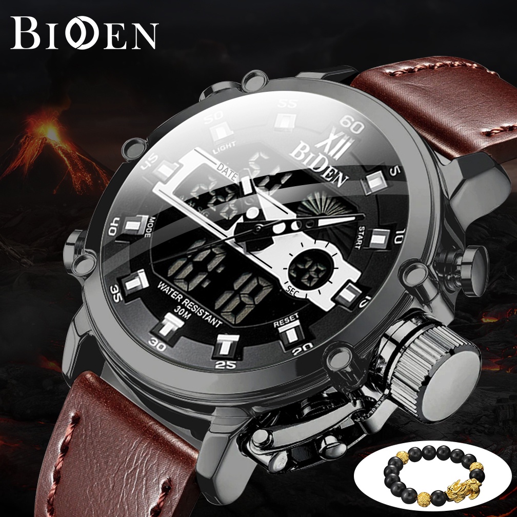 Original BIDEN Jam Tangan Pria Olahraga Militer Analog&Digital Tali Tali Kulit Anti Air Kuarsa Jam