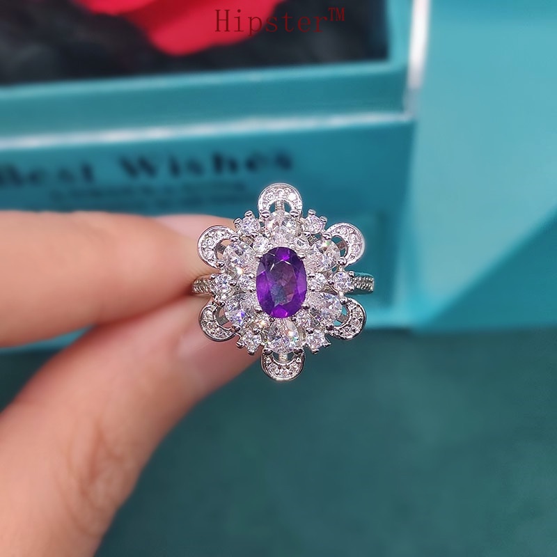 New Luxury Blue Topaz Ring Natural Amethyst Open Women