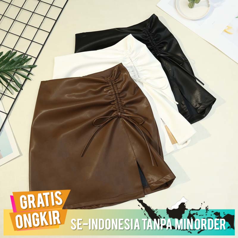 Rok Import Rok Pendek / Rok Mini Sexy PU Kulit Rok 2021 Ala Korea  Warna Split Rok 2966