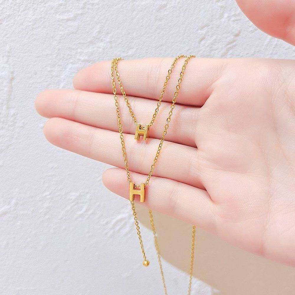 Needway Huruf H Kalung Temperamen Hip Hop Hadiah Chocker Titanium Steel Double-layer Gaya Korea Klavikula Rantai