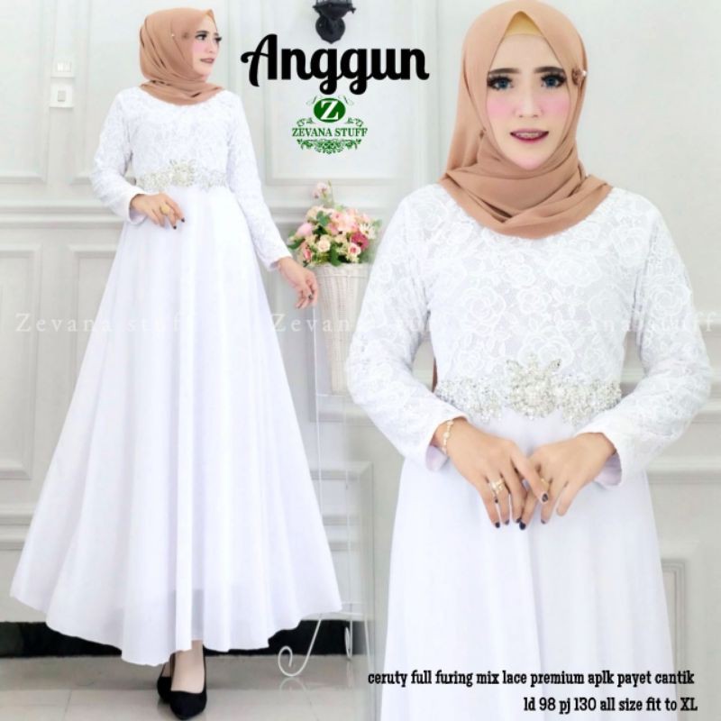 Anggun gamis ceruty mix brokat putih white raya dress