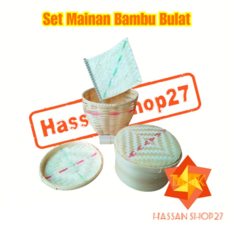 Mainan masak masakan anyaman sesek / Boboko mini + Hihid + Pengukus anyaman bambu serba mini