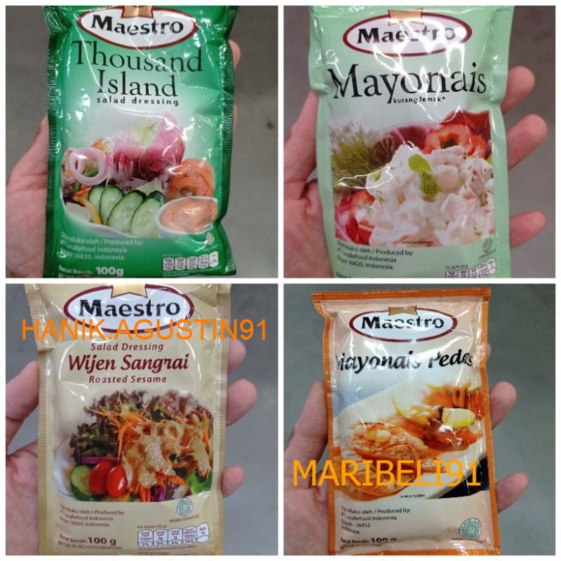 

Maestro Mayonais / Mayonaise Pedas / Wijen sangrai / Thaousand Island Sachet 100 gr maribeli91