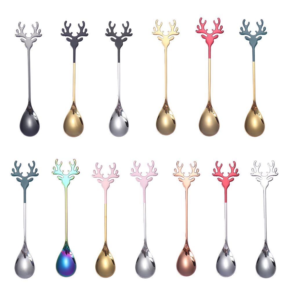 Preva Sendok Natal Desserts Christmas Deer Head Stirring Spoon Xmas Tanduk