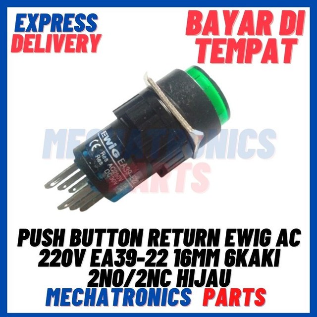 [SWI-9070] PUSH BUTTON RETURN EWIG AC 220V EA39-22 16MM 6KAKI 2NO/2NC HIJAU