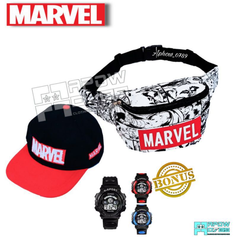 waistbag anak laki-laki canvas karakter marvel gratis topi jam tangan - tas anak