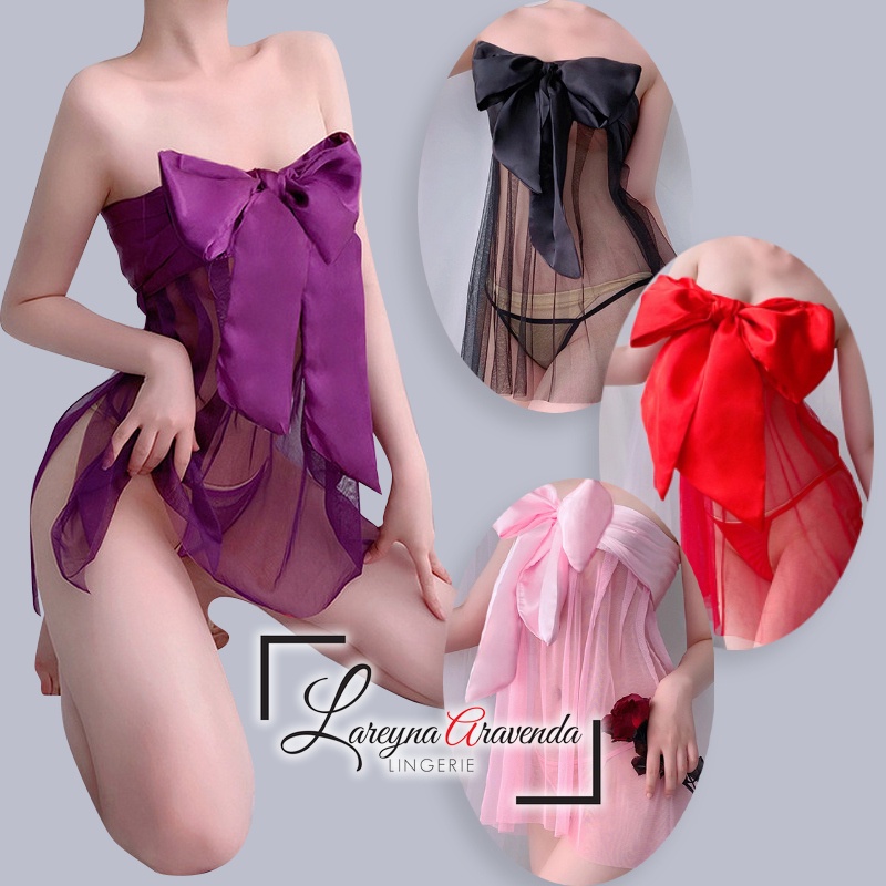 Set Lingerie + G String Seksi Model Gaun Kemben Kado Transparant LG384